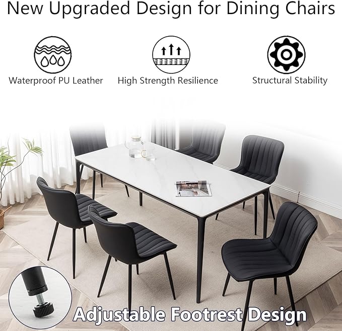 Leather Dining Chairs Set of 6, Upholstered Dining Room Chairs with Metal Legs, Modern Dining Chair for Dining Room, Kitchen (Black)