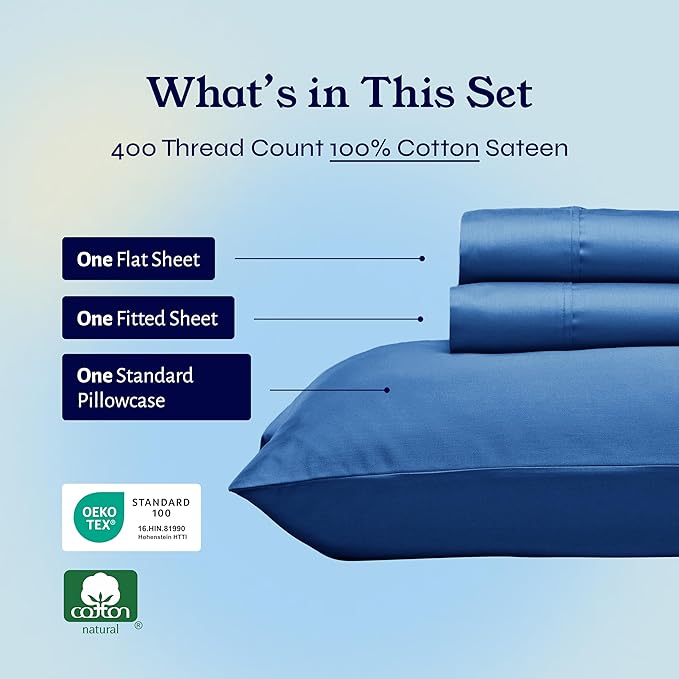 California Design Den Twin Sheets Set - 400 Thread Count Sateen, Natural 100% Cotton Bed Sheets, Deep Pockets with All Around Elastic, Soft, Cool and Durable Bedding - Cobalt Blue