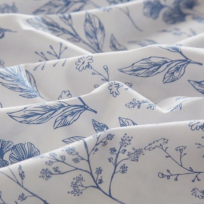LifeTB Vintage Style Cotton Floral Duvet Cover Queen Boho Blue Floral Bedding Sets Chic Shabby Aesthetic Floral Comforter Cover Soft Botanical Bedding Sets 1 Queen Duvet Cover 2 Pillow Shams