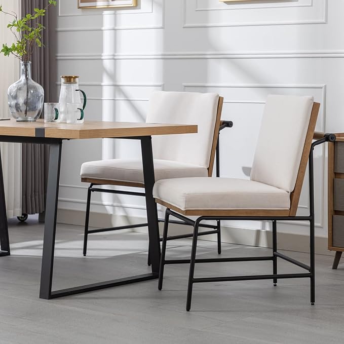 HEAH-YO Modern Dining Chairs Set of 6, Linen Upholstered Dining Chairs with Backrests, Armless Dining Room Chairs for Kitchen, White