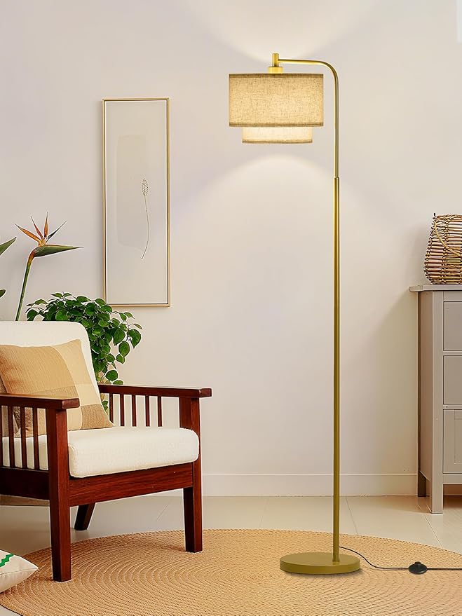 64" Modern Floor Lamp for Living Room Bedroom, Arc Floor Lamp with 3 Color Temperatures, Standing Lamp with Double Oatmeal Linen Lampshade, Tall Lamp with A19 12W LED Bulb, Foot Switch Control, Gold