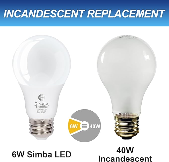 Simba Lighting LED Outdoor Light Bulbs with Photocell Sensor Dusk to Dawn Smart Auto On and Off (4 Pack) A19 6W 40W Replacement for Porch, Night Light, Garage Door, E26 Medium Base, 5000K Daylight