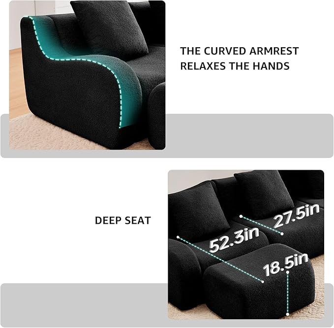 Black L-Shaped Cloud Couch with 1 Ottoman, Modern Teddy Fabric Boneless Sectional Sofa in a Box, Modular Floor Sofa for Living Room, Deep Seat, No Assembly Required, Sofas para Sala
