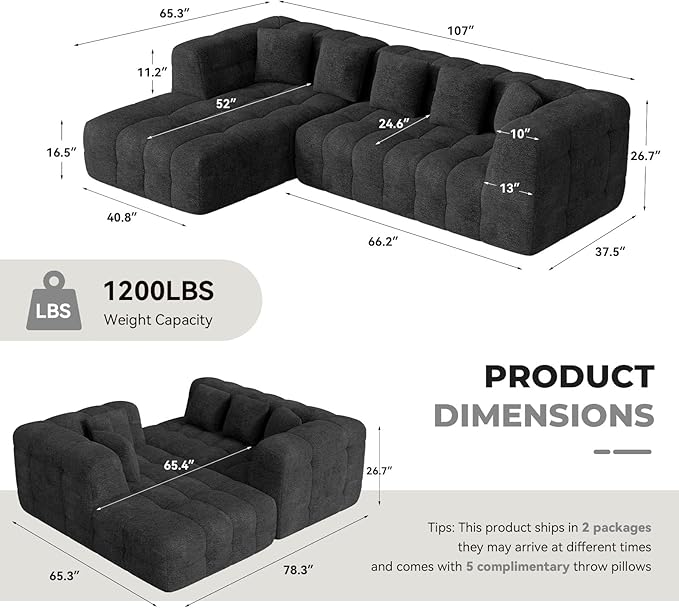 107" Modern Boneless Couch with L - Shaped Chaise, Comfy Chenille Modular Sectional Sofa with Tufted Design, Deep Seat Upholstered Sofa Bed, No - Assembly Sectional Couch, Black