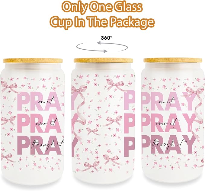 Pray on It Pray over It Pray Through It Prayer Glass Cup 16oz Christian Gifts for Women Inspirational Gifts for Women Cancer Care Gifts for Women Get Well Gifts for Women