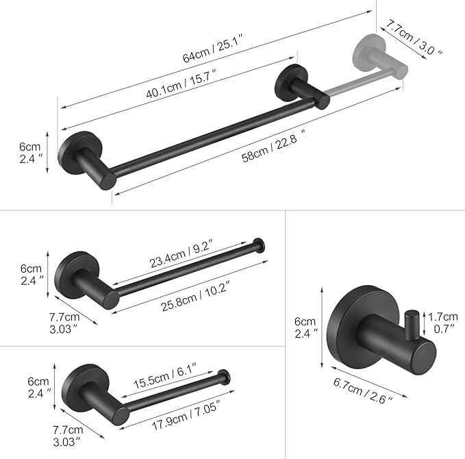 BESy 4 Piece Bathroom Accessories Set Hardware Set (Adjustable Double Towel Bar, Hand Towel Holder, Toilet Paper Holder, Towel Hook) Bath Fixtures Set Wall Mounted SUS304 Stainless Steel Matte Black