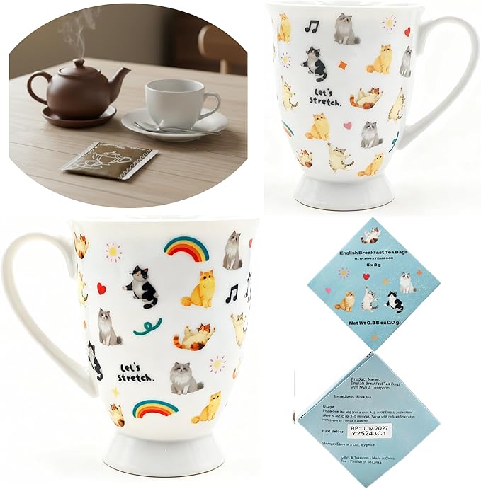 Cute Cat Cups Crazy Cat Lady Porcelain Coffee Mugs and English Breakfast Tea Set Reusable Ceramic Cup Animal Mug as Best Gift for for Mom, Daughter, Sister, Aunt, Wife, Best Friends, Coworkers