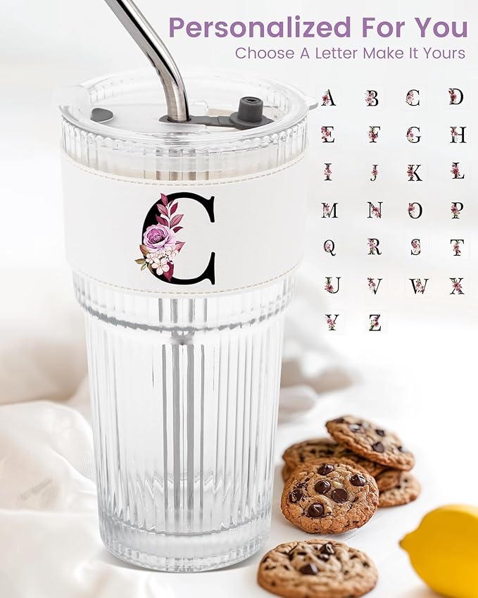 Initial Glass Cup with Lid Straw Ribbed Ice Tea Coffee Matcha Latte Clear Tumbler Co Work Women Coworker Colleague Secretary Assistant Nurse Teaher Member Bulk Appreciation Thank You Employee Gift C