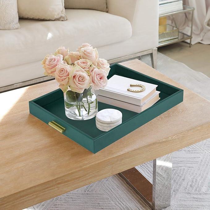 HofferRuffer Extra Large Serving Tray with Handles, Elegant Faux Leather Storage Decorative Tray for Coffee Table, Ottoman, Console Table (Green Tray+Golden Handle)