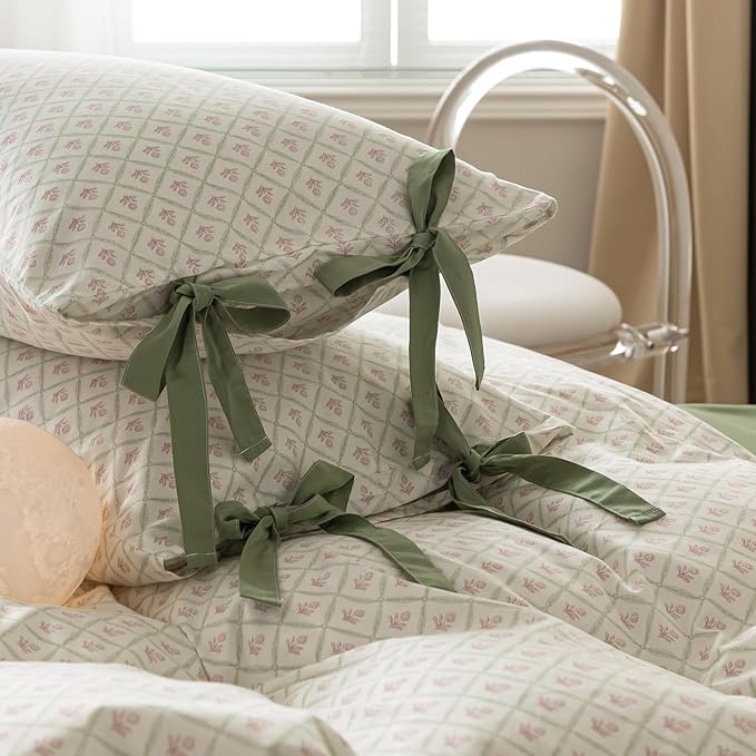 Pink Flower Duvet Cover Full Size Vintage Country Style Red Floral Comforter Cover Green Grid Plaid Duvet Cover with 2 Bow Ties Pillowcases Cotton Girls Floral Bedding Quilt Cover with Zipper Closure