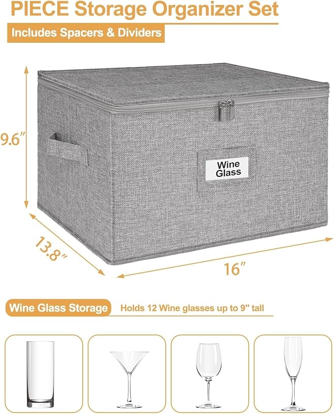 punemi 6-Piece China Storage Containers, Mug & Cup Organizer, Wine Glass Storage Boxes with Dividers & Carry Handles, Structured Moving Boxes for Dinnerware, Glassware, and Stemware ,Grey