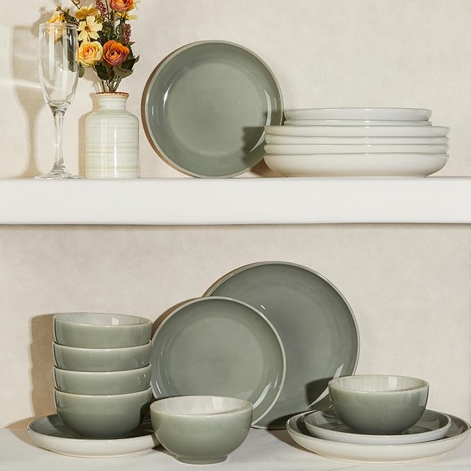 Stoneware Dinnerware Sets for 6, Microwave Safe Plate and Bowl Set, Easy to Clean & Durable Dishes Sets for Small to Medium Families, Gray Green