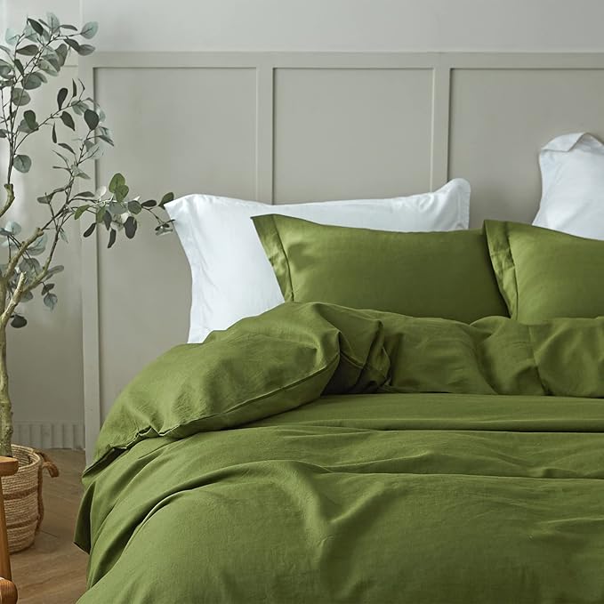 Simple&Opulence French Linen Duvet Cover Set 78" x 86"- 3 Pieces (1 Comforter Cover,2 Pillowcases)- Natural Flax Cotton Blend-Solid Color Breathable Farmhouse Bedding-Forest Green, Full