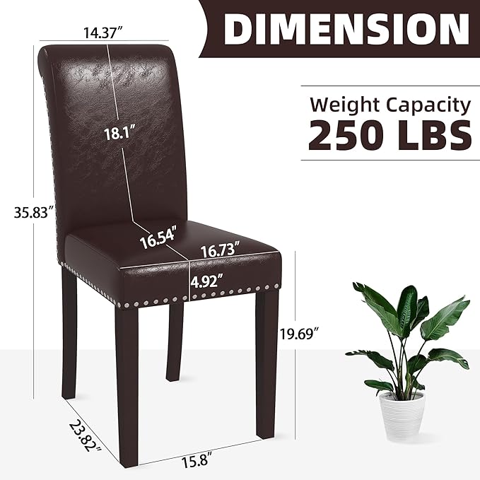 Westice Dining Room Chairs Set of 8 Upholstered PU Leather Kitchen Chairs Dining Room Side Chair with Nailhead Trim and Rubber Wood Legs for Small Space Apartment, Brown