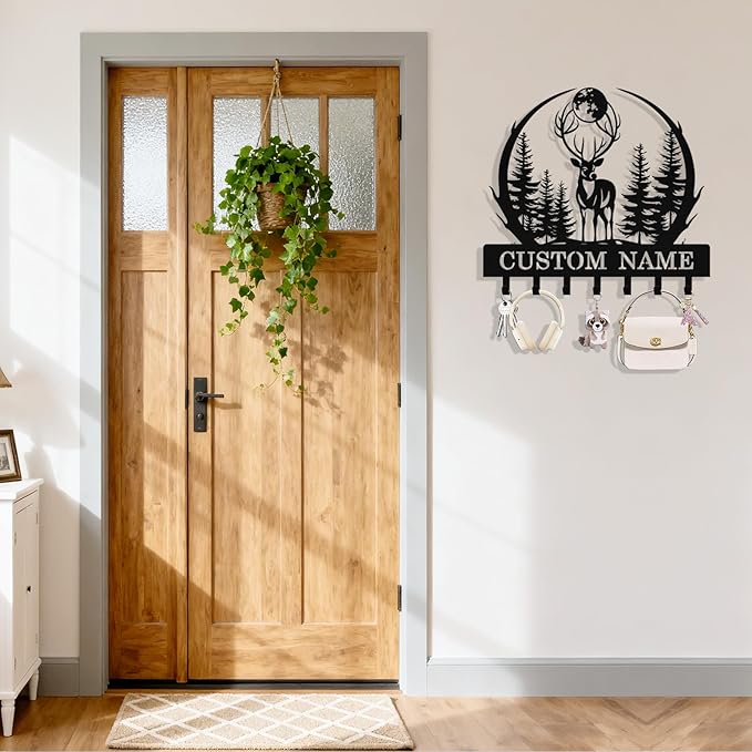 Personalized Deer Forest Key Holder Wall Mount, Custom Metal Key Holder for Wall with Name, Custom Keys Rack Hanger with Hooks for Entryway, Front Door, Hallway, Living Room, Kitchen