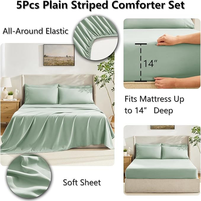 CozyLux Twin XL Comforter Set Sage Green, 5 Pieces Twin Extra Long Bed in a Bag for College Dorm, All Season Bedding Set with Stitch Quilted Comforter, Flat Sheet, Fitted Sheet, Pillowcases