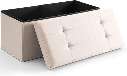 Cuyoca Foldable Seat Footrest Shoe Bench End of Bed Storage with Flipping Lid, 75L Storage Space, 30 inches Linen Fabric Beige