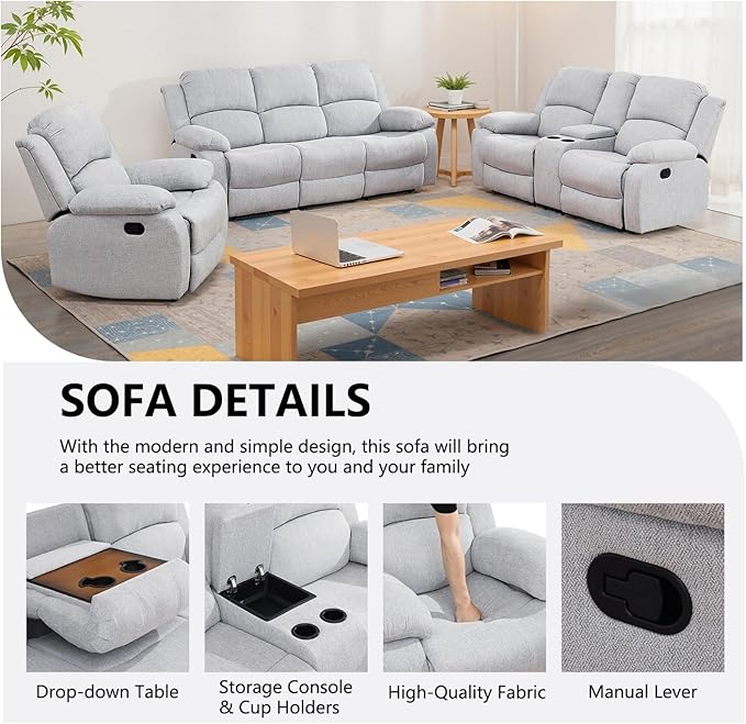 Manual Recliner Sofa Set,Microfiber Reclining Couch Set,Modern Living Room Furniture Set,Reclining Sofa Couch Chair for Living Room Home Office(Grey/White,Sofa+Loveseat)