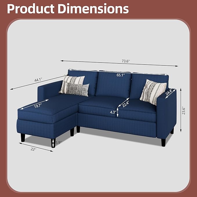 JAMFLY Sectional Sofa Couch Convertible L Shaped Sofas with Ottoman Small Sectional Couches for Living Room, 3 Seater Couch for Small Spaces, Blue
