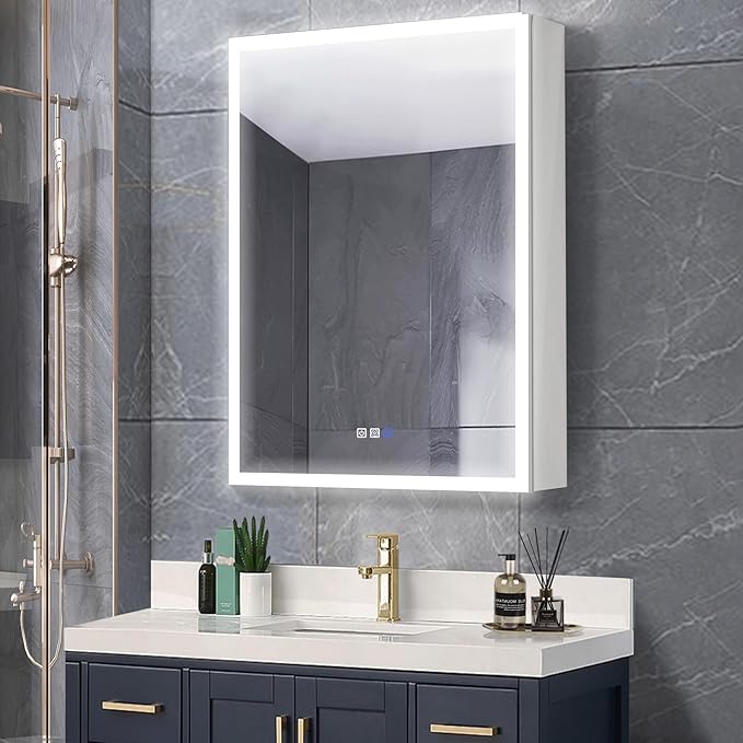 GroGro Lighted Medicine Cabinet with Mirror and Storage,24" W x 30" H LED Bathroom Medicine Cabinet with Mirror,Surface or Recessed Mounting,Defog,Dimming,3-Color Temperature,Right Opening Door