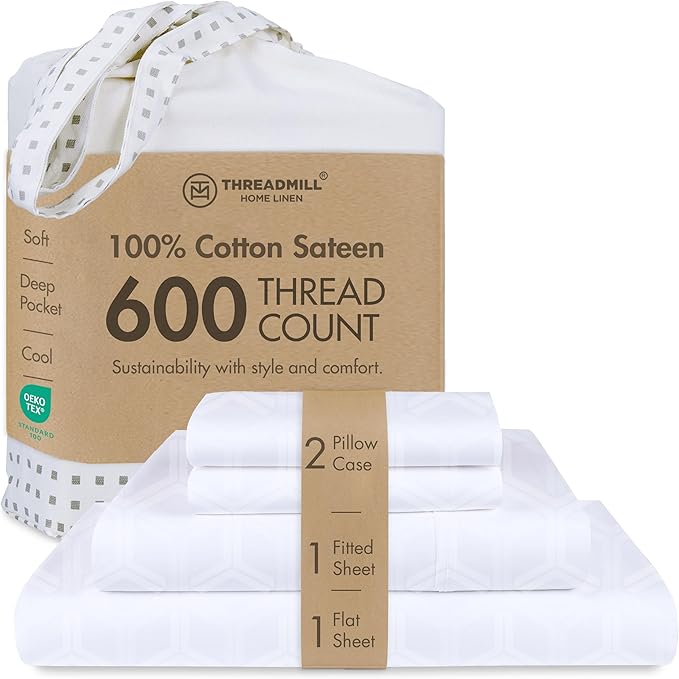 Threadmill 100% Cotton Sheets for Full Size Bed - 600 Thread Count Full Bed Sheets Set with 16” Deep Pocket - Jacquard Sateen Weave 4-Piece Bedding Set with Cooling Effect, White