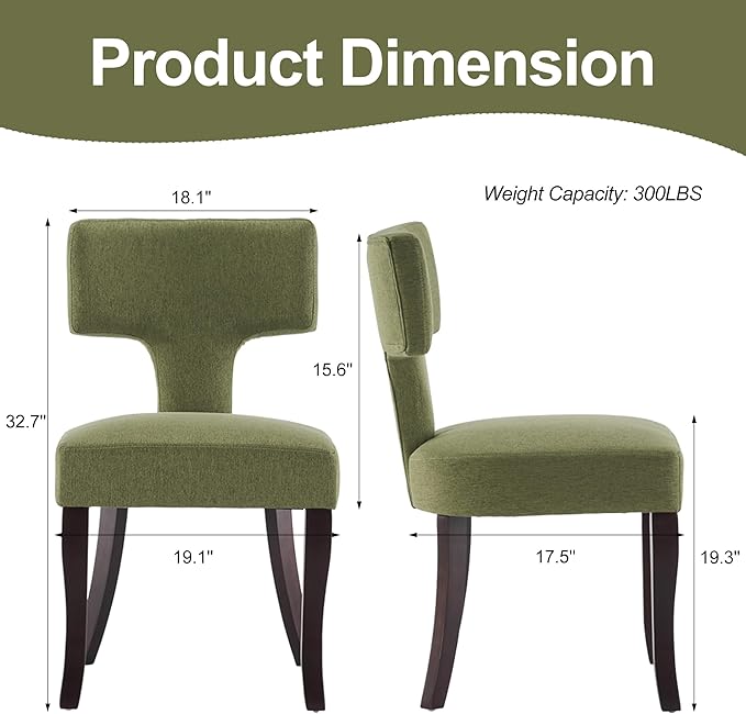 Mid Century Modern Dining Chairs Set of 2, Upholstered Side Dining Chairs with Curved Back Linen Fabric Armless Wood Chairs Kitchen & Dining Room Farmhouse Chairs (Green)