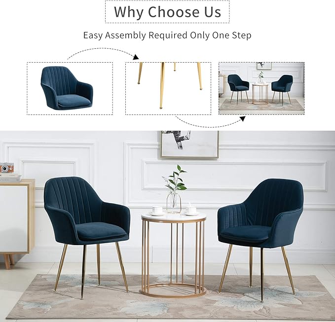 ECOTOUGE Matte Velvet Dining Chairs Set of 2, Modern Arm Chair with Golden Metal Legs, Living Room Accent Chairs for Kitchen, Blue