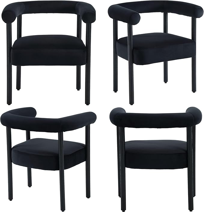 Mid-Century Modern Dining Chairs Set of 6, Armrest Barrel Dining Chairs Side Accent Chairs with Curved Back, Upholstered Wood Armchairs for Kitchen/Dining Room, Velvet Black