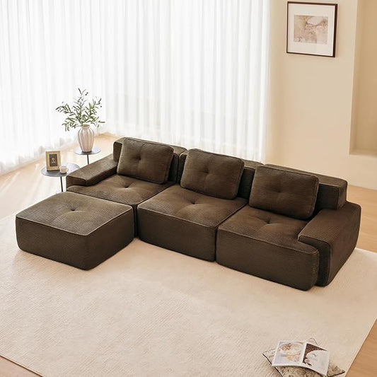 115" Modern Compressed Boneless Couch with Ottoman, 3 Seater Large L Shaped Sectional Couches for Living Room, Brown Corduroy Cloud Modular Sectional Sofa, Memory Foam, Extra Deep, No Assembly