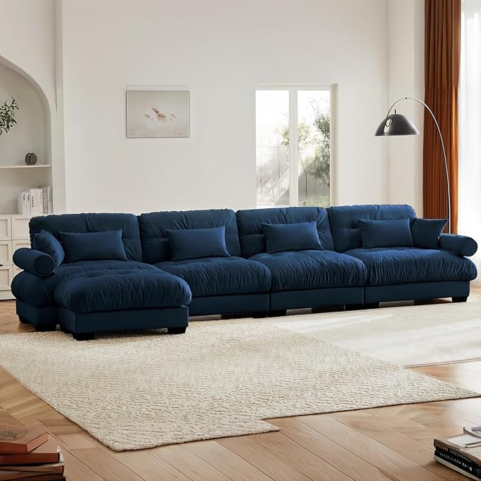166" Oversized L Shaped Sectional Sofa, 4 Seater Modular Velvet Cloud Couch with Ottoman, Blue Large Fluffy Couch Set for Living Room