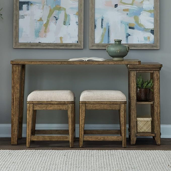 Liberty Furniture Carolina Park Alt 3 Piece Set for Living Room - Console Table, 2 Stools - Amber Brown Oak