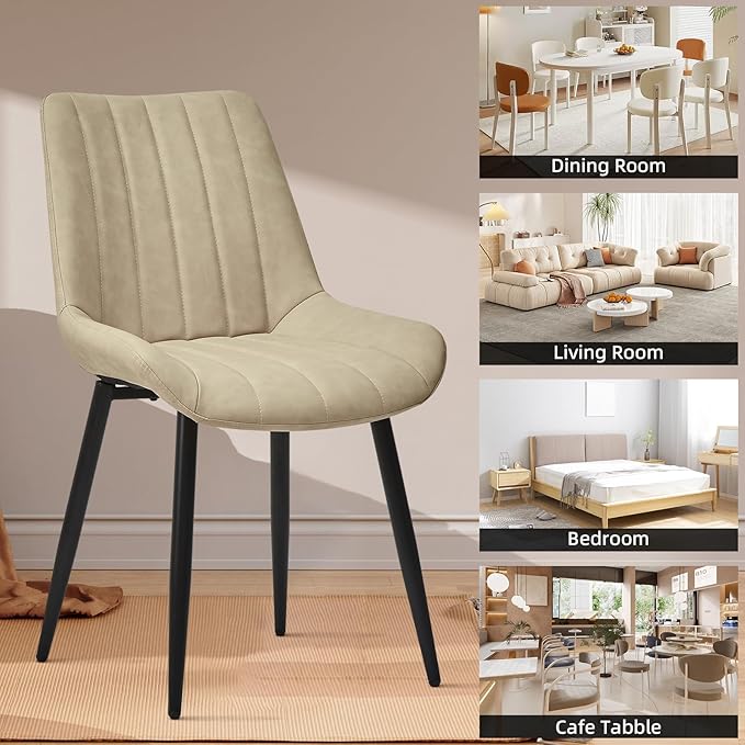 Dining Chairs Set of 2, Faux Leather Modern Linear Design Dining Chair with Metal Legs, 16.9" Seat Width Chair for Kitchen, Lounge, Reception Room, Restaurant, Commercial (Beige)