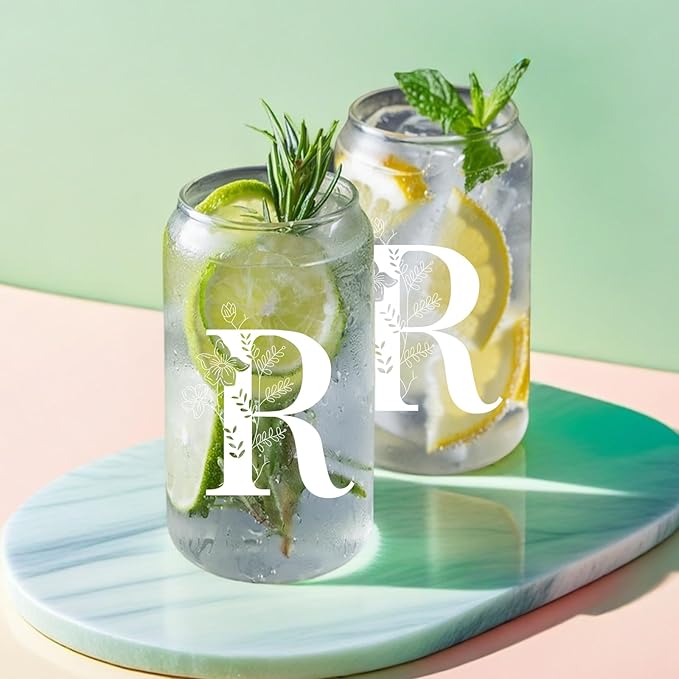 Unique Initial Glass Cup with Lids and Straws, Monogrammed Gifts Box Included Makeup Bag, Christmas Birthday Gifts for Women Mom Sister Grandma, R
