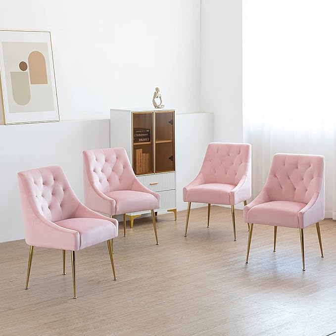 Modern Dining Chairs Set of 6, Mid Century Chairs with 5.12” Cushions and Golden Legs, Velvet Upholstered Dining Chairs with Back Pull Rod, for Kitchen, Living Room, Pink