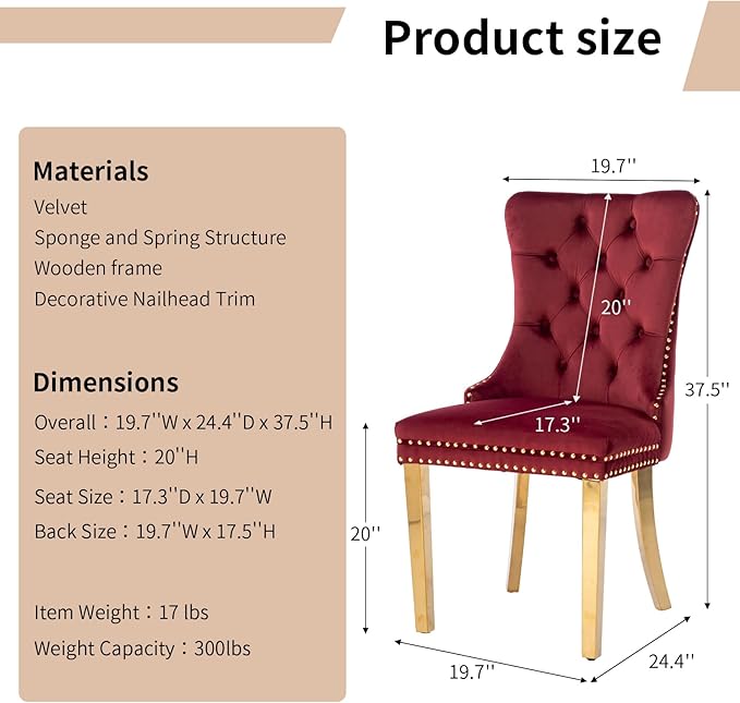 Luxury Upholstered Dining Chairs Set of 8, Red Kitchen Chair with Golden Metal Legs, Velvet Tufted Back Dining Chair, Sillas de Comedor, Modern Kitchen & Dining Room Chairs (Burgundy, 8 Pcs)