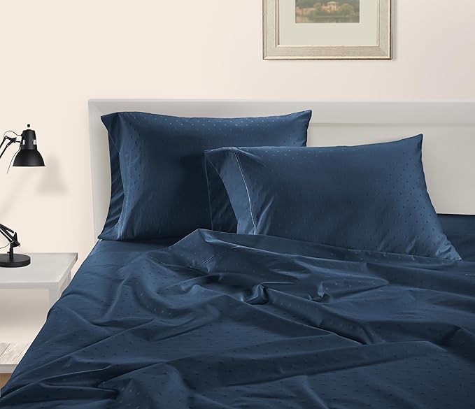 LANE LINEN 100% Egyptian Cotton Full Size Bed Sheets, Long Staple Mercerized Cotton Bedding Sheets, Thick 16 inch Deep Pocket Full Sheet Set, Reinforced French Seams Jaquard Swiss Dot -Estate Blue