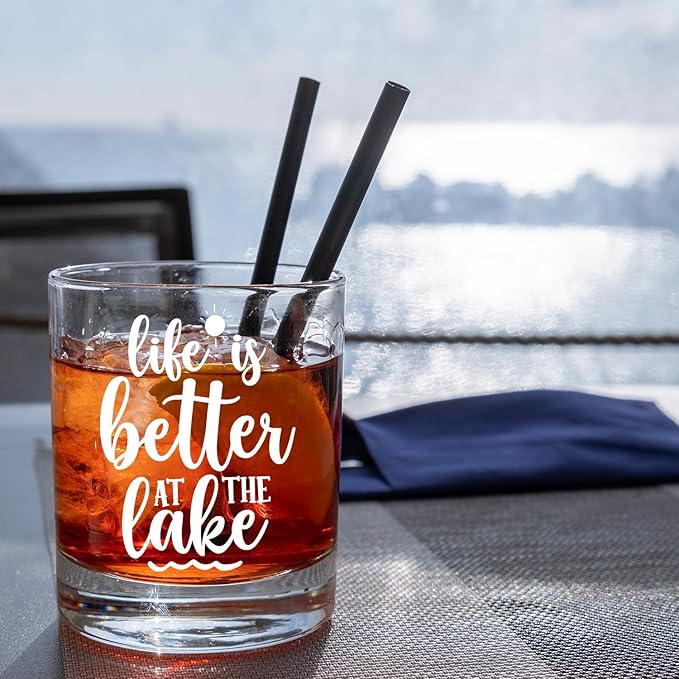 Lake Life Gifts Old Fashioned Whiskey Glasses, Gifts for Lake Lovers, Life is Better at the Lakes 10 oz Rocks Barware Cup for Cocktail Drinks Scotch Bourbon Liquor