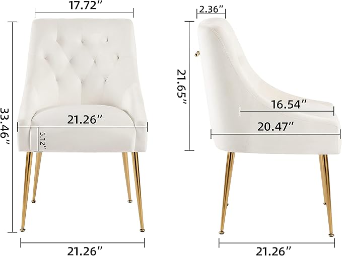 Modern Dining Chairs Set of 2, Mid Century Chairs with 5.12” Cushions and Golden Legs, Velvet Upholstered Dining Chairs with Back Pull Rod, for Kitchen, Living Room (Beige)