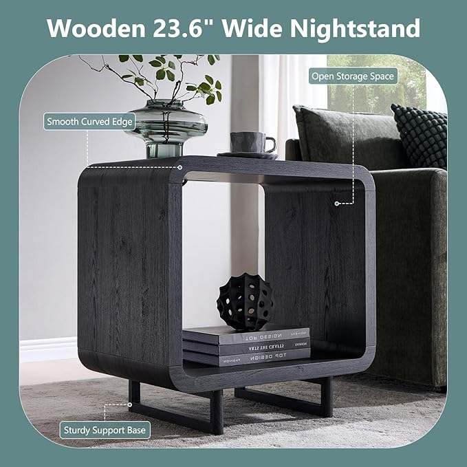 23.6" Modern End Table, 2 Tier Side Table with Charging Station, Simple Bedside Table with Open Storage Shelf, Outlet, Wooden Nightstand for Bedroom, Living Room, Study, Easy Assembly, Dark Grey