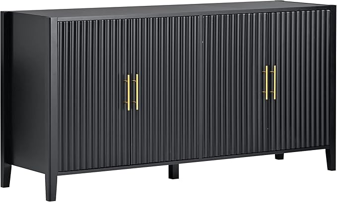 63 Inch Modern Console Table Sofa Table with 4 Doors and Metal Handles, Accent Buffet Sideboard Serving Storage Cabinet with Shelf for Living Room Kitchen (Black)
