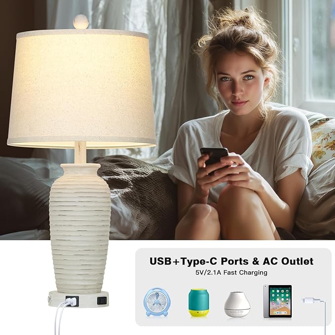 25" Retro White Farmhouse Jar Table Lamps Set of 2, 3 Way Touch Control Rustic Bedside Lamps with USB A+C Ports & AC Outlet, Pot Nightstand Lamps for Bedroom Living Room (LED Bulbs Included)