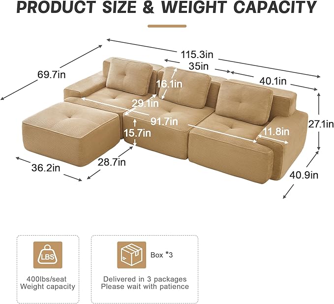 115" Modern Corduroy Cloud Sofa with Ottoman, L Shaped Boneless Modular Large Sectional Couches for Living Room, Camel 3 Seater Compressed Memory Foam Couch, Extra Deep Seat, No Assembly