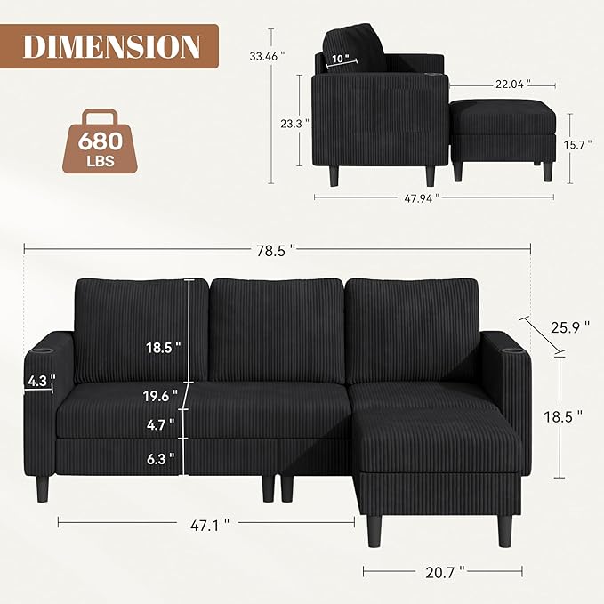 Upholstered Sectional Sofa and Couches, 78'' L Shaped 3-seat Sofa for Living Room, Apartment, Lounge,Bedroom-Washable Covers Convertible Sofas(Corduroy,Black)