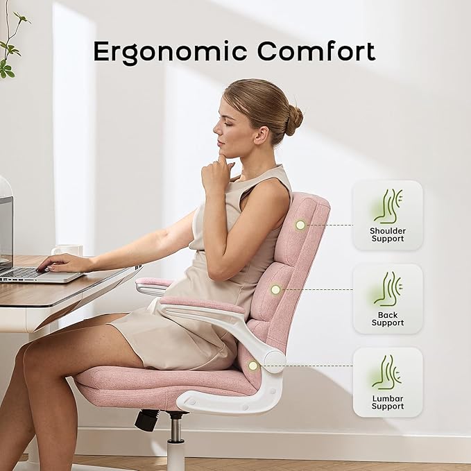 Office Chair Adjustable Desk Chair Mid Back Executive Comfortable Fabric Ergonomic Back Support Home Computer Chair with Padded Flip-up Armrest Swivel Wheels (Pink)