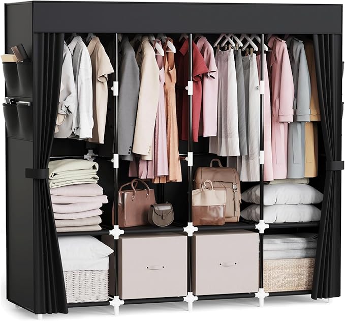Mavivegue Clothes Organizer with 4 Hanging Rods, Portable Closet Wardrobe, Non-Woven Fabric Cover, Large Capacity Storage for Bedroom and Living Room,Black, 67" W x 17" D x 67" H