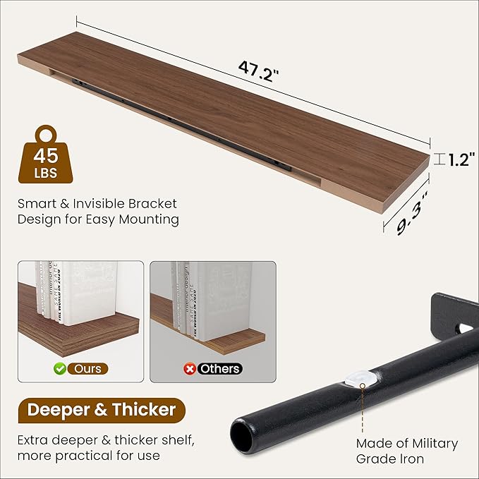 Fun Memories 48 Inch Deep Floating Shelves for Wall, 2 Pack of Long Wall Mounted Wood Shelves with Invisible Brackets for Bathroom, Bedroom, Living Room, Kitchen Decor and Storage, Walnut