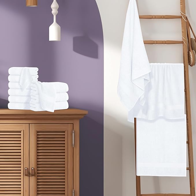 BOUTIQUO 24 Pack Cotton Towel Set, Contains 6 Bath Towels 27x54 inch, 6 Hand Towels 16x24 inch & 12 Wash Coths 12x12 inch, Ideal Everyday use, Ultra Soft Compact & Lightweight - White