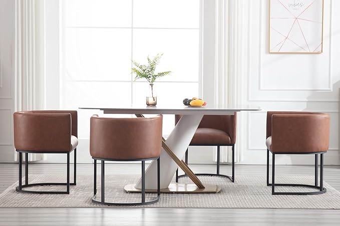 Faux Leather Dining Chairs Set of 6 Modern Barrel Arm Chairs with Black Metal Frame, Upholstered Kitchen Chairs 18.5" Wide Accent Chairs for Living Room Dining Room Restaurant, Brown