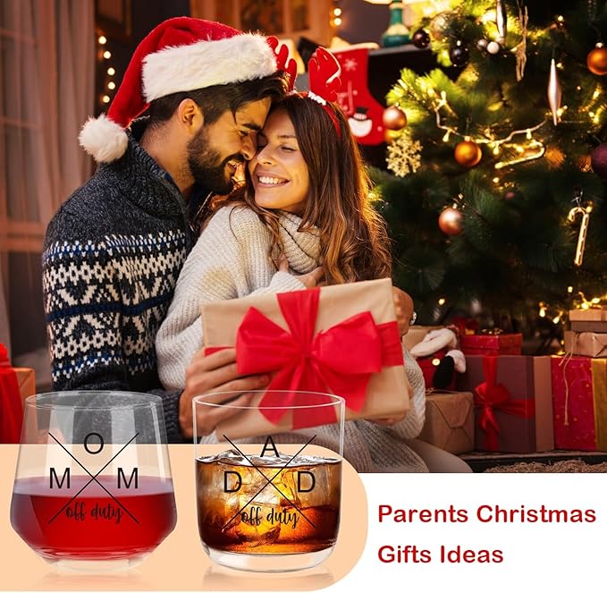 Ithmahco Parents Christmas Gifts, Mom Off Duty Dad Off Duty Wine and Whiskey Glass Set, First Time Parent Gifts, New Parents' Gift For Couples, Best Gift for expecting Mother and Father