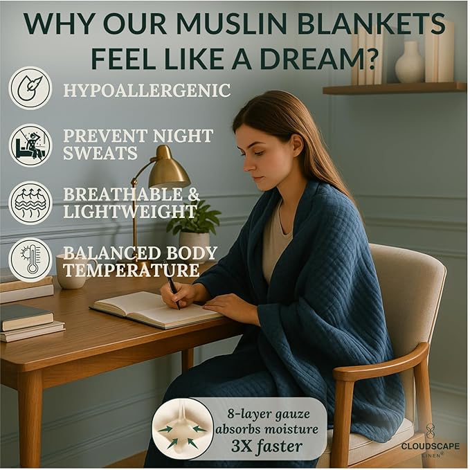 Cloud Scape Linen Extra Large 8 Layer Muslin Throw Blanket - 100% Cotton Gauze, Soft and Breathable, Winter Blanket for Couch, Sofa and Bed, Idea, 50x70, Ensign Blue